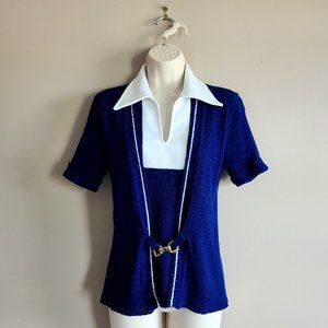 Elan vintage bright blue and white colors knit top with gold details.